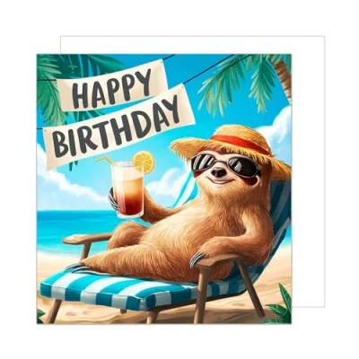 Abbildung von Edition Seidel Premium quadratische Geburtstagskarte mit Umschlag. Glückwunschkarte Happy Birthday Billet Karte für Mann Frau Faultier Strand Drink lustig Humor (GQ308 SW024)
