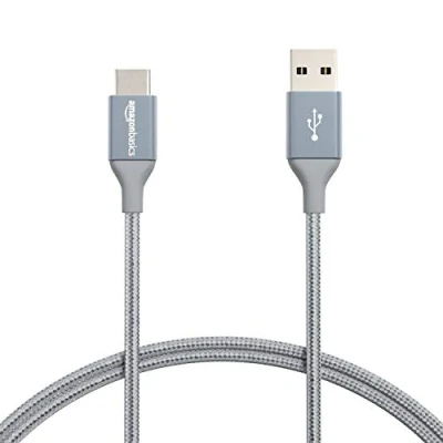 Abbildung von Amazon Basics Schnellladekabel, USB C auf A 2.0, mit Nylongeflecht umwickelt, 480 MBit/s, IF zertifiziert, für Apple iPhone 15, iPad, Samsung Galaxy, Tablets, Laptops, 0.9 m, Dunkelgrau