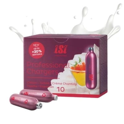 Abbildung von iSi Sahnekapseln für Sahnespender, Professional Charger, 10 Stück, Recycelbare N2O Sahne Kapseln HACCP zertifiziert, Lila, 10er Packung