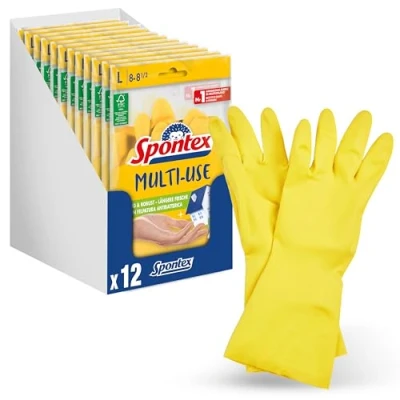 Abbildung von Spontex Multi Use, 12 Paar Haushaltshandschuhe mit Frischeschutz und FSC Naturlatex, innen Baumwollbeflockung, Größe L (12 x 1 Paar)