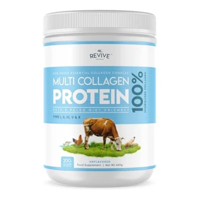 Abbildung von Revive Naturals Multikollagen Proteinpulver Typen I, II, III, V &amp; X Hydrolysiertes Grasfutterrind, Wild Gefangener Fisch und Freilandhuhn, Ohne Geschmack, Halal (400gr), Pulver