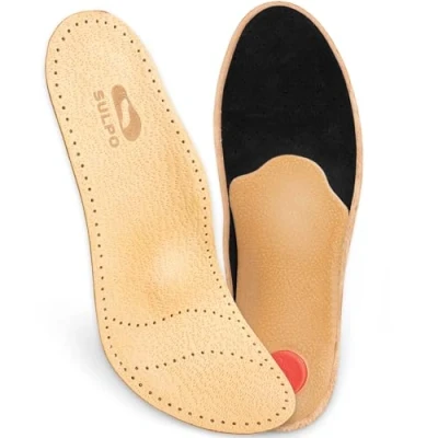 Abbildung von SULPO Orthopädische Einlegesohlen Comfort Schuheinlagen aus echtem Leder mit Fußgewölbe Unterstützung bei Plattfuß und Mittelfuß Beschwerden Einlagen Schuhe Damen Herren 1 Paar (Beige, 44)