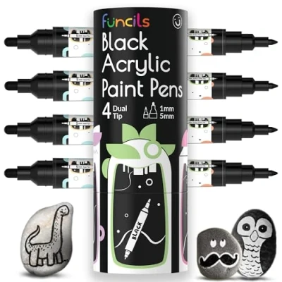 Abbildung von Funcils 4 Dual Tip Acrylstifte Schwarz Feine Spitze &amp; Mittlere Schwarzer Stift für Steine, Leinwand, Holz, Keramik, Glas, Stoff, Reifen und Schuhe Kinder Erwachsene