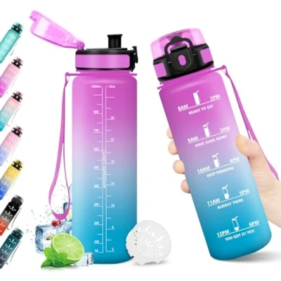 Abbildung von Trinkflasche 1L, Wasserflasche mit Zeitmarkierung, Filter, Auslaufsicher, BPA frei, Sportflasche für Fitness, Fahrrad, Büro, Schule, Outdoor, Yoga, Erwachsene, Sprudel geeignet