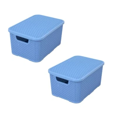 Abbildung von BranQ Home essential Korb mit Deckel in Rattan Design 2er Set Grösse M 10 l, BPA frei Kunststoff PP, Denim Blau, 28,8x19,7x16,2 cm, 2 Stk.