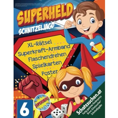 Abbildung von Superhelden Schnitzeljagd Kindergeburtstag Schatzsuche ab 6 Jahren: Findet mit dem Superkraftarmband den Schatz und besiegt Bösewicht Ein Spiel für Superheld*innen!