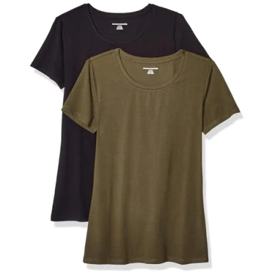 Abbildung von Amazon Essentials Damen Kurzärmeliges T Shirt mit Rundhalsausschnitt, Klassischer Schnitt, 2er Pack, Olivgrün/Schwarz, L