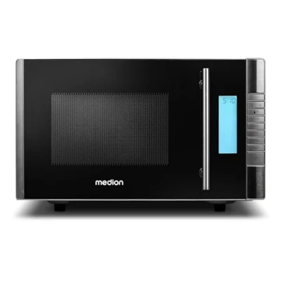 Abbildung von MEDION MD 14482 Mikrowelle mit Grill / 20L Garraum 8 Automatikprogramme/Auftaufunktion 800 Watt Mikrowellen und 1000 Grillleistung/Zeitschaltuhr/Grillrost/silber/schwarz