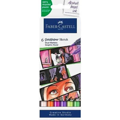 Abbildung von Faber Castell 164810 Goldfaber Sketch Marker Graphic Novel, 6er Etui Alkohol mit Brush Spitze und Fineliner