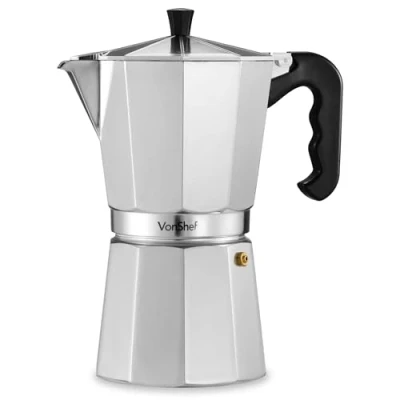 Abbildung von VonShef Espressokanne für den Herd, 600 ml Italienischer Espressokocher aus Aluminium Gas &amp; Elektroherd Mokkakanne 12 Tassen mit Ersatz Dichtung und Filter