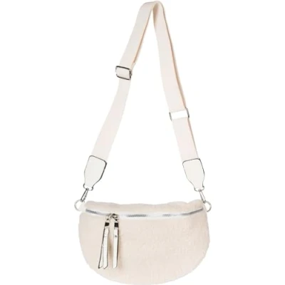 Abbildung von styleBREAKER Damen Teddyfell Halbmond Crossbody Schultertaschen Einfarbig, verstellbarer Schultergurt 02012403, Farbe:Creme