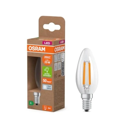 Abbildung von OSRAM LED Lampe in klassischer Minikerzenform, mit dekorativem Filament im Frosted Design, Energieeffizienzklasse A, E14, 1.2 W, 255 lm, 2700 K, warmweiß. Ohne Aufwärmen, sofort 100% Licht.