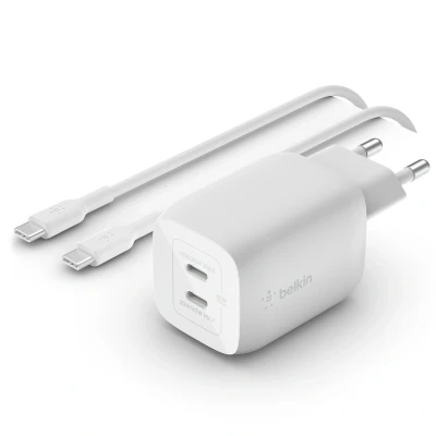 Abbildung von Boost↑Charge GaN Pro Adapter 2 poorts met USB C kabel 65W von Belkin Weiß Kunststoff