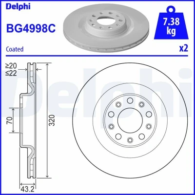 Abbildung von DELPHI BG4998C Bremsscheibe 320 22 5 Belüftet beschichtet unbehandelt ohne Radlager, ABS Sensorring ALFA ROMEO: Stelvio, Giulia Saloon