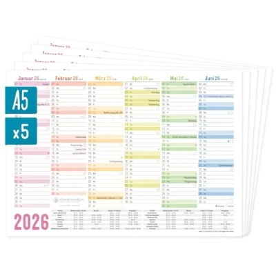 Abbildung von =Häfft® 5 x Tafelkalender 2026 A4 quer &quot;Rainbow&quot; Jahresplaner, Wandkalender, Jahreskalender inkl. kleine Übersicht Folgejahr, Feiertage &amp; Ferienübersicht nachhaltig klimafreundlich