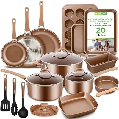 Abbildung von NutriChef 20 teiliges Topf, Pfannen und Backformen Set Antihaft Kochset PFOA/PFOS frei für Gas. , Elektro. Keramik &amp; Induktions Inkl. Pfannen, Töpfe, Backform, Kastenform, Muffinform Mehr
