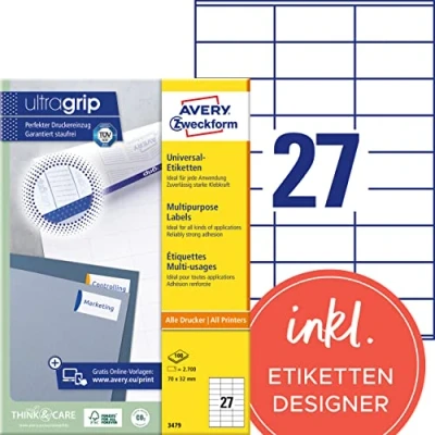 Abbildung von AVERY Zweckform 3479 Universal Etiketten (2.700 Klebeetiketten, 70x32mm auf A4, Papier matt, individuell bedruckbar, selbstklebende Aufkleber mit ultragrip) 100 Blatt, weiß