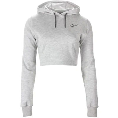Abbildung von Gorilla Wear Pixley Crop Top Hoodie grau leicht funktionell Oberteil mit Logo zum Sport Workout Training bequem bewegungsfreiheit atmungsaktiv ansprechende Passform aus Baumwolle Polyester, L
