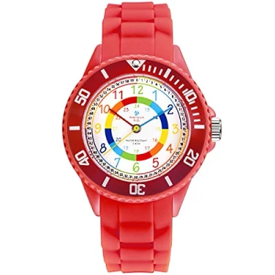 Abbildung von Alienwork Kids Lernuhr Kinderuhr Mädchen Uhrzeit Lernen Rot Silikon Armband Mehrfarbig Kinder Uhr Wasserdicht 5 ATM Zeit