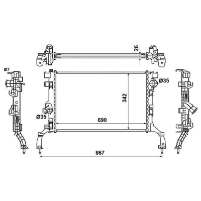 Abbildung von NRF 53967 Kühler, Motorkühlung Aluminium 690 342 26 mit Anbauteilen Kühlrippen gelötet