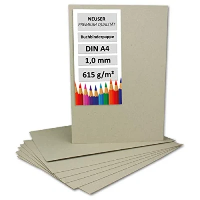 Abbildung von NEUSER PAPIER 20 Stück Buchbinderpappe DIN A4 Stärke 1,0 mm (0,1 cm) Grammatur: 615 g/m² Format: 29,7 x 21,0 cm Farbe: Grau Braun