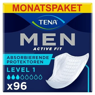 Abbildung von TENA MEN Absorbierende Protektoren, Level 1 96 Einlagen im Monatspaket (8 x 12), einzeln verpackt Hygieneeinlagen für Männer bei leichtem Harnverlust und Inkontinenz