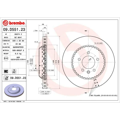 Abbildung von BREMBO 09.D551.23 Bremsscheibe 325 25 5 innenbelüftet, Verbundbremsscheibe beschichtet hochgekohlt