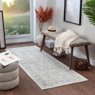 Abbildung von Surya Palermo Vintage Teppich Läufer Flur, Esszimmer Wohnzimmer, Rugs Living Room Boho Orientalisch Style, Kurzflor Carpet Dunkelweiß, Grau, Anthrazit 80x220cm