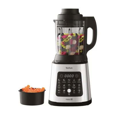 Abbildung von Tefal PerfectMix Cook Hochgeschwindigkeits Standmixer, mit Kochfunktion, 10 Auto Programme, heiße und kalte Rezepte, abnehmbare Klingen, inkl. Dampfkorb, Silber/Schwarz, BL83SD30
