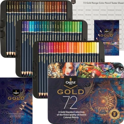 Abbildung von Castle Art Supplies Gold Standard 72 Buntstifte Set Hochwertige Farbkerne auf Ölbasis spitzer &amp; widerstandsfähiger gegen Bruch Für erfahrene Künstler, Farbkünstler Präsentationsbox aus Blech