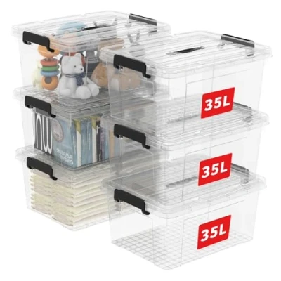 Abbildung von Cetomo 65L*6 Aufbewahrungsboxen, Tragbare Plastikboxen mit Deckeln, Organizer Behälter Griff und Clips, Stapelbar, Ineinander Nestbar, für Zuhause Büro, Transparent, 65L 6er Pack