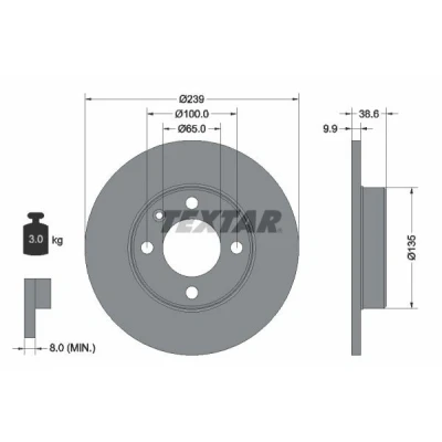 Abbildung von TEXTAR PRO 92009303 Bremsscheibe 239 9,9 04/05 100 voll beschichtet ohne Radbefestigungsbolzen, Radnabe VOLKSWAGEN: GOLF 2, 1