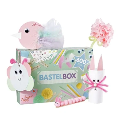 Abbildung von Lulubug Bastelset für Mädchen und Jungen, 600 Teile Seidenblumen, Pompons, Tonpapier, Washi Tape, Wackelaugen, Sticker uvm. im Bastelkoffer DIY Scrapbook Bastelbox Kinder