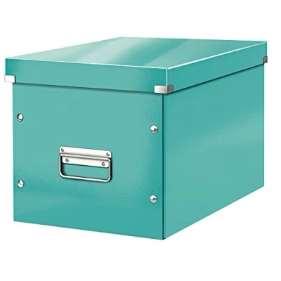 Abbildung von Leitz Click &amp; Store Aufbewahrungsbox mit Deckel Groß, Würfelbox passend für Kallax Regale in Wohnzimmer oder Büro, Box aus 80 % recycelter Premium Hartpappe, Stabile Metallgriffe, Eisblau, 61080051