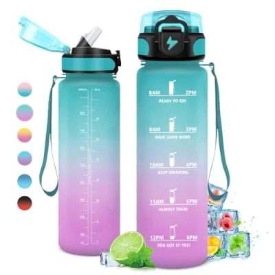 Abbildung von trinkflasche 1000ml, mit Zeitmarkierung, strohhalm, Auslaufsicher Wasserflasche Kohlensäure Geeignet für Fahrrad, Schule, Maedchen, Sport