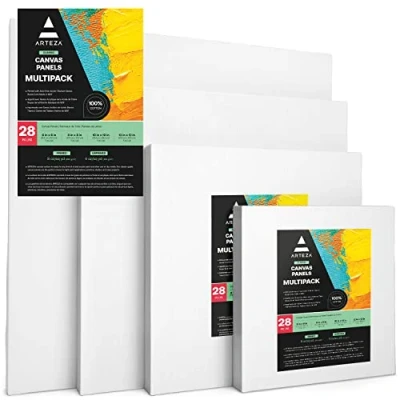 Abbildung von Arteza Malkarton, 28 Stück Großpackung 15.2 x 15.2cm, 20.3 20.3cm, 25.4 25.4cm, 30.5 30.5cm, weiße grundierte 100% Baumwolle, für Malerei, Acrylgießen, Ölfarben &amp; nasse Kunstmedien