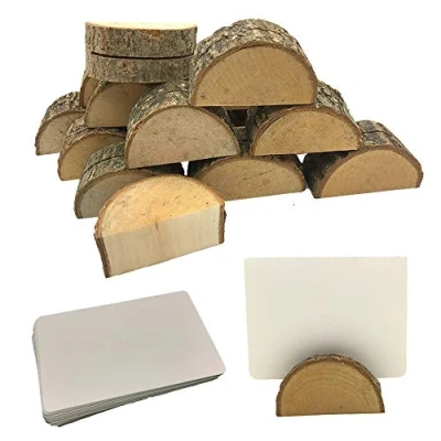 Abbildung von Aisamco 20 Stück Holzkartenhalter Platzkartenhalter Namensschild Fotohalter, 30 Karton Blanko Kraftpapierkarten für Hochzeit oder Restaurantdekoration