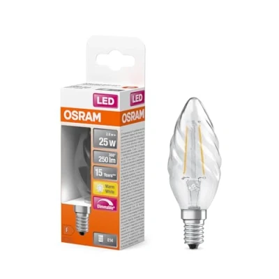 Abbildung von OSRAM LED Superstar Classic Lampe mit Filament in klassischer gedrehter Minikerzenform, klares bleifreies Glas, 2.8 W, 250 lm, warmweißes Licht (2700 K), E 14 Sockel, 35 mm Durchmesser, IP20, dimmbar.