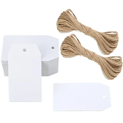Abbildung von G2PLUS 100Stk Geschenkanhänger Kraftpapier Anhänger Etiketten Tags 4x7CM mit Jute Schnur für Handmade,Hochzeit Geschenk Weihnachten Weiß