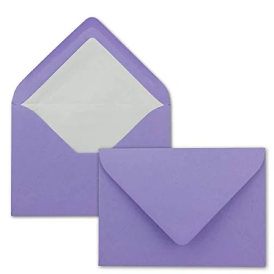 Abbildung von 25 Briefumschläge in Violett mit weißem Innenfutter Kuverts DIN B6 Format 12,5 x 17,6 cm Seidenfutter Nassklebung