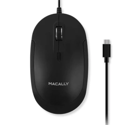 Abbildung von Macally Kabelgebundene USB C Maus für Mac und PC, schlank, leise zuverlässig, 3 Tasten, Scrollrad 4 DPI Modus Typ Laptop, MacBook Pro/Air, iMac, Plug and Play, USBC, Schwarz
