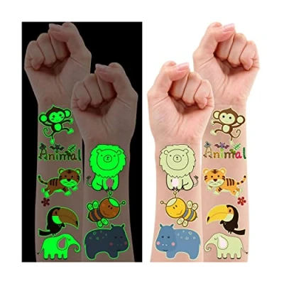 Abbildung von Leesgel Tier Tattoo Kinder Jungen, Leucht Kindertattoos Dschungel Temporäre Tattoos Aufkleber für Mitgebsel Kindergeburtstag, Safari Geburtstagsdeko Deko Geschenke
