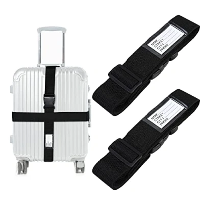 Abbildung von AiQInu Koffergurt Kofferband Koffergurte 2 Stück Einstellbare Gurt mit Namensschildern und Adresse Gepäckgurt Luggage Strap für Koffer Rucksack Reisezubehör Schwarz