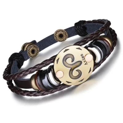 Abbildung von Unendlich U Punk Modisch 12 Sternbilder Sternzeichen Herren Damen Charm Armband Geflochten Leder Legierung Multilayer Braun Armreifen, Widder(Aries)
