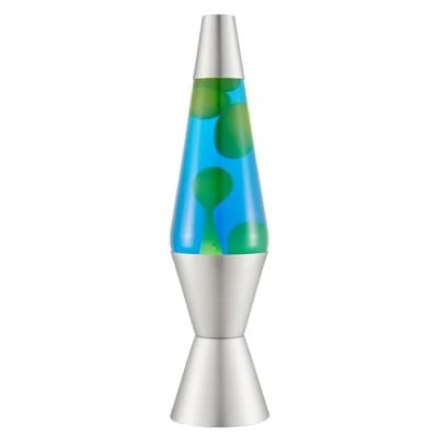 Abbildung von LAVA® Lampe 2124, grünes Wachs, blaue Flüssigkeit,silberner Sockel und Deckel, Original 14,5 Zoll Bewegungslampe der Marke, Grün/Blau