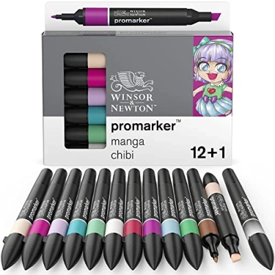 Abbildung von Winsor &amp; Newton 0290141 ProMarker, Professioneller Layoutmarker 2 Spitzen, fein und breit für Zeichnungen, Design Layouts 13 Farben Set Manga Chibi