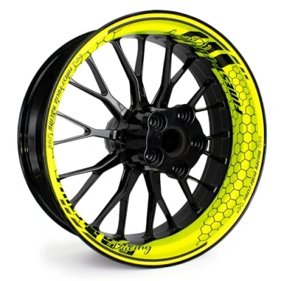 Abbildung von 4 teiliges Felgenbettaufkleber Set für 17 Zoll Felgen Komplett Dekor Folie Motorrad Felgenrandaufkleber selbstklebend wasserfest uv beständig MR021 (11 02 Neon Gelb FF Racing)