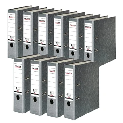 Abbildung von Original Falken 10er Pack Recycling Ordner Wolkenmarmor. Made in Germany. 8 cm breit DIN A4 grauer Rücken Ringordner Aktenordner Briefordner Büroordner Pappordner CO2 Neutral Blauer Engel