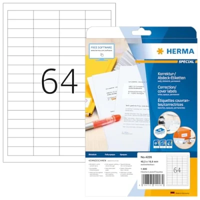 Abbildung von HERMA 4226 Korrekturetiketten blickdicht, 25 Blatt, 48,3 x 16,9 mm, 64 pro A4 Bogen, 1600 Stück, selbstklebend, bedruckbar, matt, blanko Papier Abdeckaufkleber Etiketten, weiß