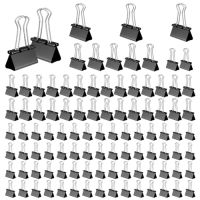 Abbildung von Mesybveo 100 Stück Foldback Klammern, 15 mm/ 19mm/ 25mm/ 32mm Papierklammern, Binder Clips aus metall, Büroklammern Vielzweckklammern für Bürobedarf, Briefpapier Papier(Schwarz)